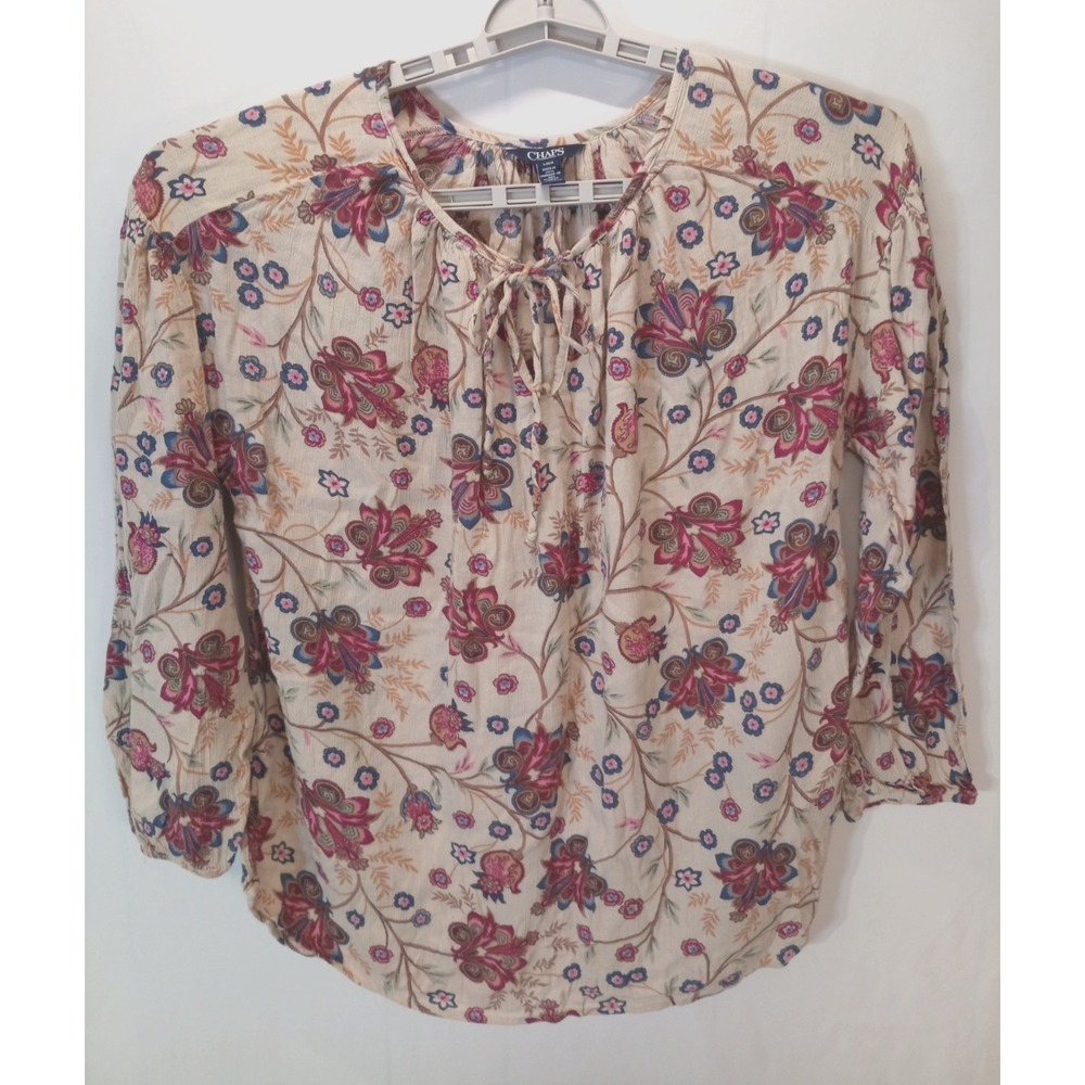 Chaps Split Neck Tie‎ Front Women's Peasant Blouse Top, Large, Floral, Boho